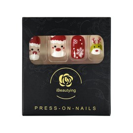 Christmas Day Design Press on Nails - iBeautying False Nails - Chinese Red Snowman Smile Cute Finish Finger Daily Wear Nail - Medium-short Square Acrylic Reusable Fake Nails 24pcs