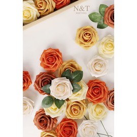 N&T NETING Artificial Fall Flowers Roses 25pcs Real Looking Fake Fall Roses Stem for DIY Wedding Bouquets Centerpieces Arrangements Home Decorations Party Baby Shower, Shades of Orange