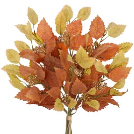 Artificial Fall Birch Leaves Stems - 2 Bundles Faux Autumn Foliage Arrangement 19.6" Fake Plants with Branches Flower Stamens for Thanksgiving Wedding Centerpieces Home Table Mantle Office Decor
