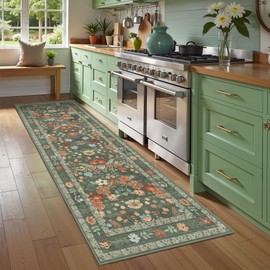 Deerly Green Floral Runner Rug 3x8 for Hallway Vintage Boho Washable Bathroom Kitchen Bedroom Runner Rugs Non-Slip Soft Low Pile Thin Indoor Carpet for Laundry Room Farmhouse Flower, Green/Multi