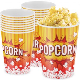 Leakproof, Super Durable 32oz Disposable Popcorn Bucket Tubs 50 Pack. Grease-Proof Pop Corn Containers with Cool Design – Ultimate Movie Theater Accessory for Parties & Events