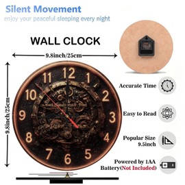 Lancholy 10-Inch Silent Wooden Wall Clock, Vintage Clockwork Steampunk Style Wall Clock Home Decor Silent Non-Ticking Clock, Battery Operated (AA Batteries Not Included), Artistic Home Decor