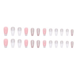 JUSTOTRY Pack of 24 Coffin Jewels Glue-On Nails, Long Pink French Artificial Nails, Glitter Ballerina Artificial Nails, Press On Nails with Nail Glue, Medium Fingernails Fake Nails for Women