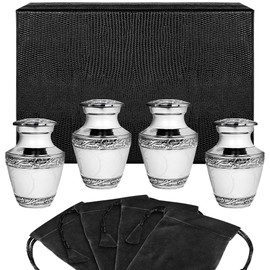 Trupoint Set of 4 Small Urns for Human Ashes Adult Male or Female - Holds 0.75 Lbs. Per Mini Urn, 2.75" x 1.75" Mini Cremation Urns, Keepsake Burial Urns with Case & Bags - White and Silver.