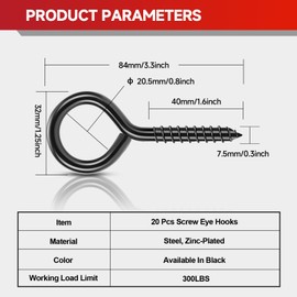XIEKRAB 3.3 inch Eye Bolts - 20 Pcs Eyes Hooks Screw Heavy Duty 300 lbs Breaking Strength Black Rust-Resistant, Screw for Hanging Plant, Fixed Cablees, Indoor & Outdoor Use