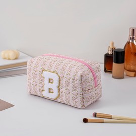 HHQQWZ Small Makeup Bag, Travel Cosmetic Bags for Women, Christmas Gifts for Girls Age 6-18, Pink Floral Zipper Makeup Pouch, Alphabet Make up Organizer Case, Travel Essentials Trendy Stuff (Pink B)