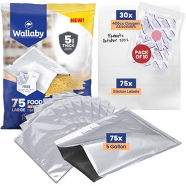 Wallaby 75 Count 1-Gallon Mylar Bags with 400cc Oxygen Absorbers, 10 Mil Total Thickness Long-Term Food Storage Pouches, 10x14 Heat-Sealable Airtight Packaging - Silver