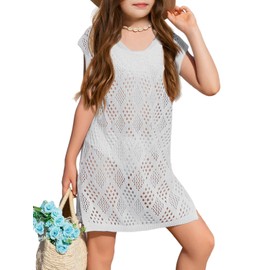 CharmWM Girls Summer Bikini Coverups Crochet Cover Up Swimwear Split Hem Bathing Suit Short Sleeve Swim Cover Ups Beach Dress 5-14 Years White