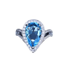 Ganquya Anillo de diamantes simulados con topacio azul suizo en forma de pera y topacio azul suizo con forma de pera y circonita cúbica, Tamaño de EE.UU. 9, Cobre, plata, circonio