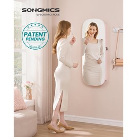 SONGMICS Jewelry Organizer, LED Jewelry Cabinet Wall/Door Mounted, Lockable Rounded Wide Mirror with Storage, Interior Mirror, 3.9 x 16.5 x 42.5 Inches, Jelly Pink Surface with Cream White Lining