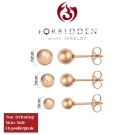 3 Pairs Ball Studs: 18k Rose Gold Plated Hollow Steel Earrings, 4mm, 5mm & 6mm