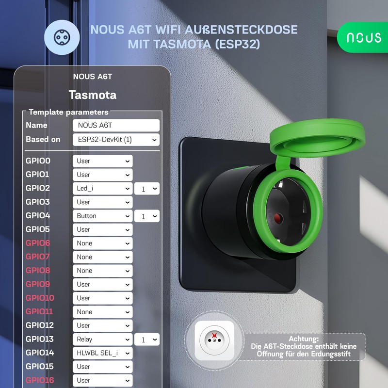 NOUS Tasmota Smart Outdoor Socket ESP32, IP44 Waterproof Socket, 16A