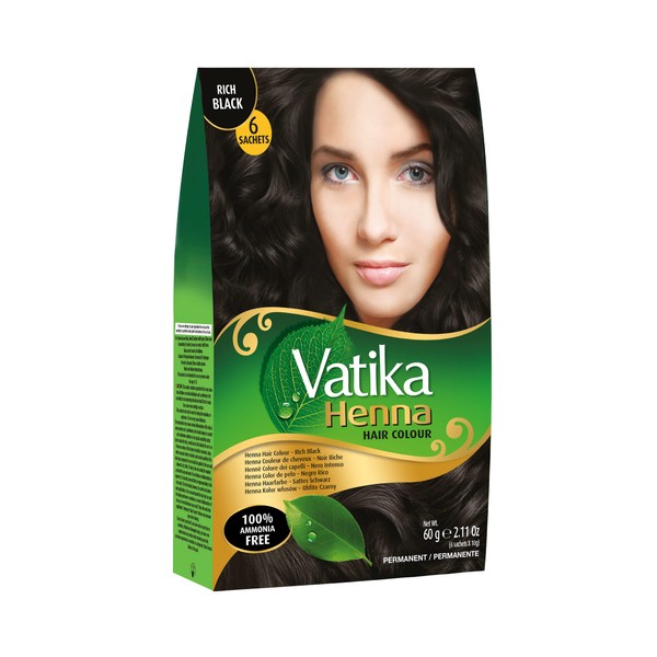 Dabur Vatika Henna Hair Color - Henna Hair Dye, Henna Hair Color and Conditioner, Zero Ammonia Henna for Strong and Shiny Hair, 100% Grey Coverage, 6 Sachets X 10g (Rich Black)
