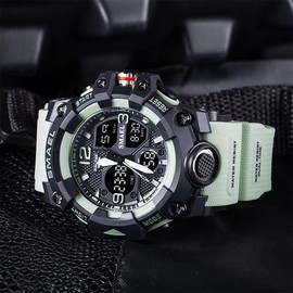 SMAEL Men's Watches Military Outdoor Waterproof Sports Wrist Watch Date Multi Function LED Alarm Stopwatch, Digital Watches for Mens, Green, Large Face, Digital