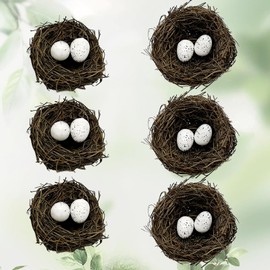 LWINGFLYER 6pcs Small Faux Bird Nest with Eggs for Crafts, Artificial Rattan Birds Nest for Easter Wedding Home Paty Christmas Tree Decoration (6pcs Mixed Small Size Nest,12pcs Eggs)