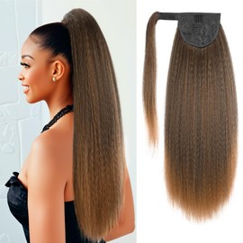Long Yaki Straight Ponytail for Women 24 Inches Wrap Around Magic Paste Yaki Straight Pony Tail Clip in Synthetic Thick Kinky Straight Ponytail hair Extension UAmy hair(T27 Mix Black and Golden)