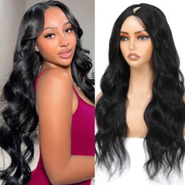 NZINZI V Part Wig Human Hair Body Wave Upgrade U Part Human Hair Wig With Clips Glueless Wigs Human Hair Beginner Friendly V Shape Clip In Half Wigs for Women 26 Inch No Leave Out 180% Density