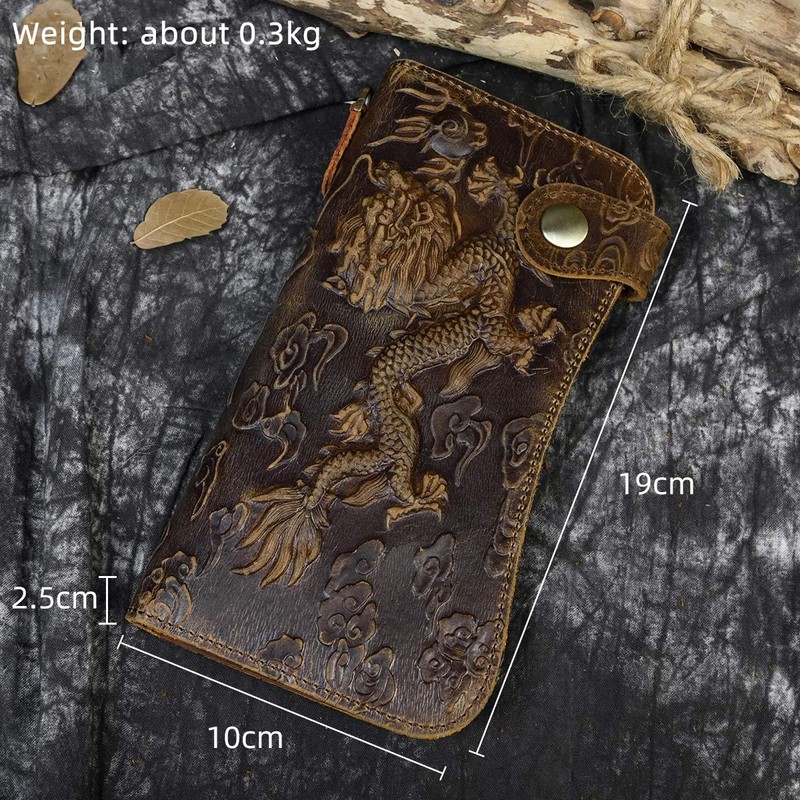 Mens Leather Long Bifold Wallet with Chain, Biker Wallet Vintage