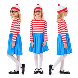 CosExpress Wheres Wally Costume Kids World Book Day Costumes for Gilrs, Where's Waldo Costume with Red and White Striped T shirt,Wheres Wally Hat and Glasses, Wheres Wally Fancy Dress Kids, 5-6