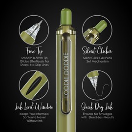 Loddie Doddie 6ct Hush Retractable Gel Pens - 0.5mm Tip Gel Pens for Journaling, Colored Barrels, Silent Clicker, Smooth Writing, Quick-Dry Ink, Gel Pen Set