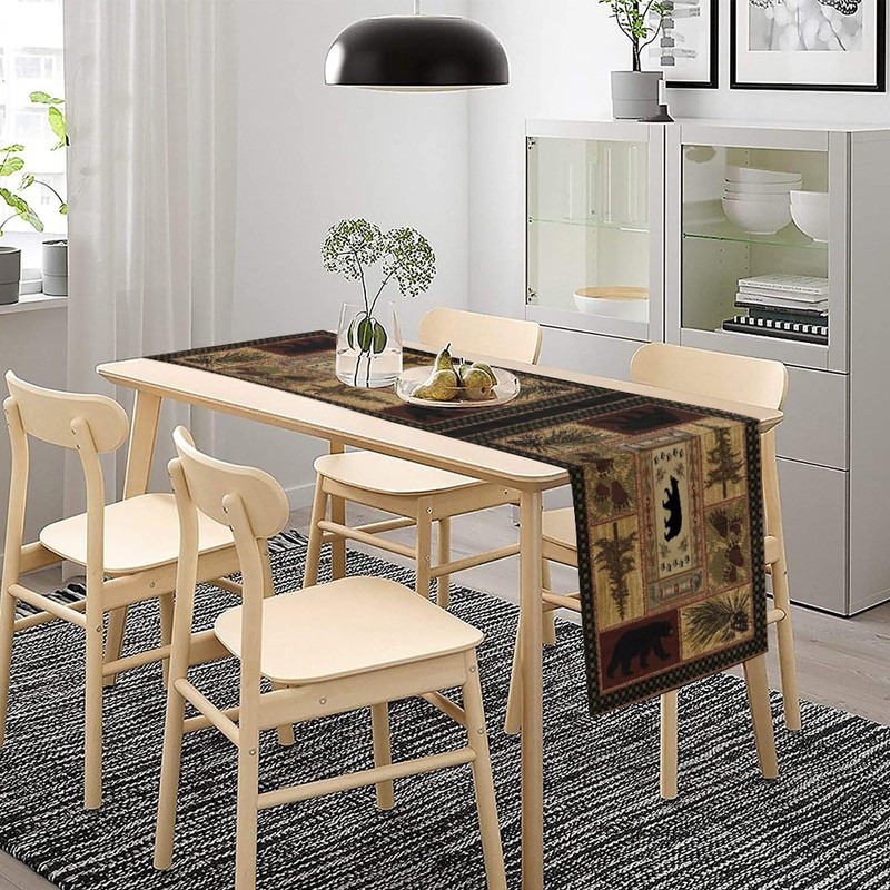 XBDDZSW Rustic Bear Table Runner Retro Pine Cabin Farmhouse Style