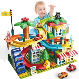 XYNGU Marble Run Building Blocks,Classic Large Blocks Maze Track Sets with 4 Cars,STEM Toy Bricks Maze Puzzle Set Race Track Compatible with Major Brands for Age 3 4 5 6 7 8+ Boys Girls Gift