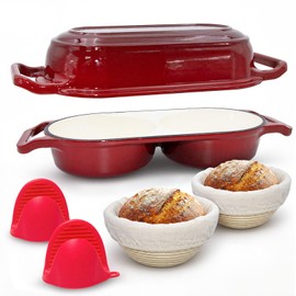 Cast Iron Bread Pan with Lid, Double Dutch Oven for Sourdough Bread Baking, 2 Round Loaf Compartments + 2Pack 5-Inch Baking Bowls and 2 Anti-Scald Clips, Oven Safe to 500°F, Dutch Oven Dark Red