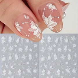 White Flower Nail Art Stickers Decals 3D White Magnolia Flowers Nail Stickers 3PCS Elegant Flower Floral Petals Wedding Nail Design Adhesive Sliders for Women Summer DIY Manicure Nail Art Decorations