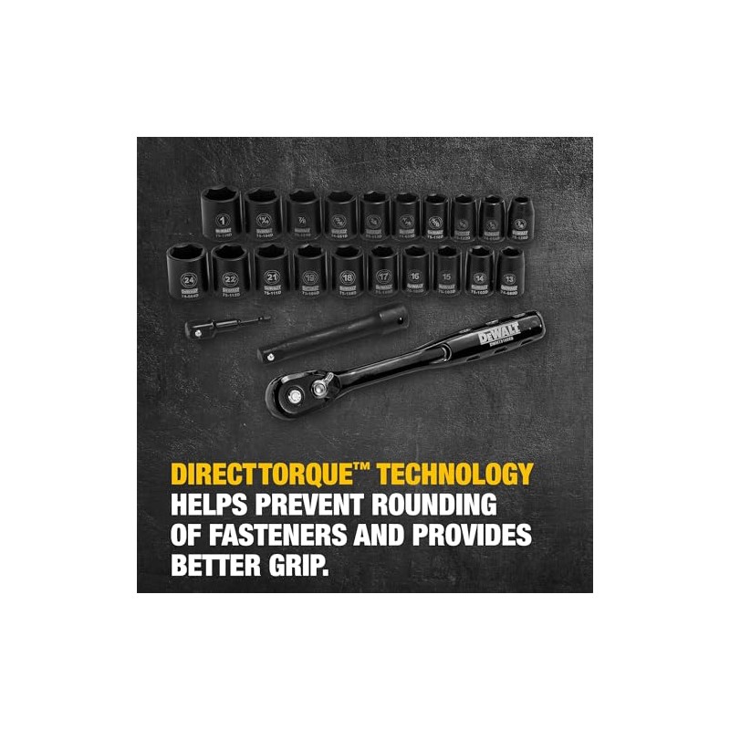 DEWALT Impact Socket Set with Ratchet, Metric/SAE, 1/2" Drive, 23-Piece