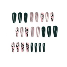 24 Pcs Press on Nails Long Fake Nails Coffin Shape Square Head Long Acrylic Nails Full Cover Stick on Nails with Dark Green Stripes and Sliver Glitters Designs for Women Girls
