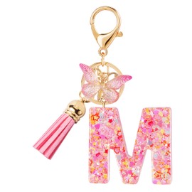New Fashion Kingdom Initial letter Keychains for Women Girls Tassel Butterfly Cute Car Keychain for Wallet Backpack bag charm accessories (M-Pink Cute Butterfly)