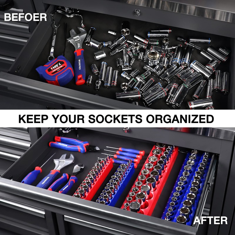 WORKPRO Magnetic Socket Organizer Set, 4-Piece Socket Holder Set Includes