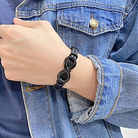 Titruebe Men's Leather Infinity Bracelet with Stainless Steel Clasp - Adjustable Bangle for Couples, Number 8 Design and Inspirational Cuff Bangle (Black)