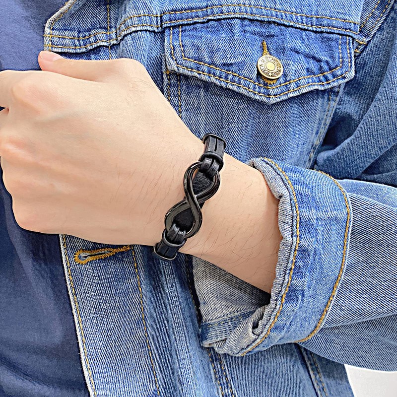 Titruebe Men's Leather Infinity Bracelet with Stainless Steel Clasp -