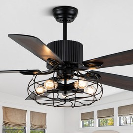 52" Farmhouse Ceiling Fan with Light and Remote, Industrial Caged Ceiling Fan with Light, Black Rustic Retro Chandelier Fan with 5 Reversible Wood Blades for Dining Room Living Room Bedroom
