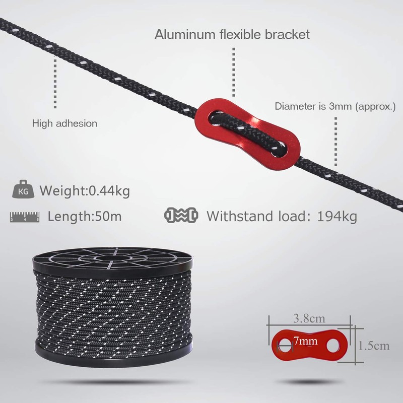 Hikeman 50m Reflective Guyline Solid Braid Nylon Camping Rope with