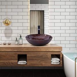 YIMAI Ingenuity Bathroom Vessel Sink 16.5" Vessel Sinks Tempered Glass Brown Art Basin Round Bowl with Faucet Combo Brown,Countertop Bowl Sink for Lavatory Vanity Cabinet