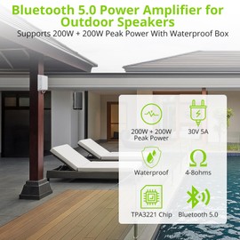 LiNKFOR Bluetooth 5.0 Power Amplifier, Peak Power 200W+200W, 44.1K/48K, 16bit Power Amplifier, Waterproof Enclosure, Wireless Audio Streaming for Outdoor Speakers