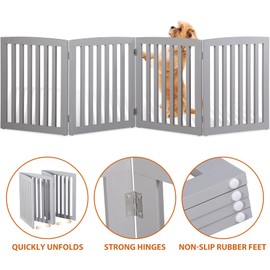 JungleA Freestanding Foldable Pet Gate for Dogs, 24 inch 4 Panels Step Over Fence,Pet Door, Dog Gate for Room, Doorway, Stairs (Grey)