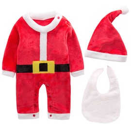 AGQT Newborn Babys Santa Costume Baby Girls 3PCS 1st Christmas Santa Claus Costume Baby Boys One Piece Romper Outfit Mustache and Hat Red Size 0-3 Months