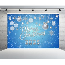 CHNYWORK 7x5ft Merry Christmas Backdrop 2025 Silver Christmas Balls Stars Snowflakes Diamonds Ribbons Bells Blue Background Happy New Year Eve Party Decor Portrait Photo Studio Booth Props Wallpaper