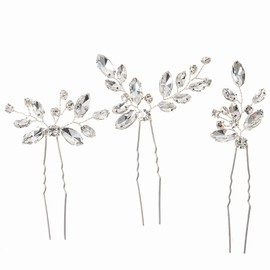 Pack of 3 Silver Crystal Hair Accessories Bride Wedding Hair Pins Headpiece Wedding Hair Clips Leaves Wedding Hair Pins U-Shaped Wedding Hair Clips for Women Girls