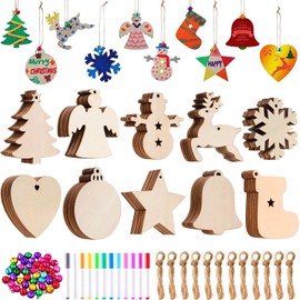 YRONTY 100Pcs DIY Wooden Christmas Ornaments, Unfinished Wood Slices Ornaments in 10 Shapes with 100 Ropes, 100 Colorful Bells & 7 Color Pens, DIY Wooden Christmas Ornaments Hanging Decorations