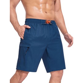 SILKWORLD Mens Swim Trunks Quick Dry Bathing Suit 9 Inch Swim Shorts with Mesh Lining and Zipper Cargo Pockets Navy Blue L