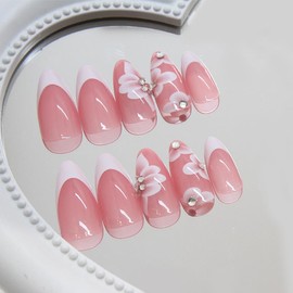 Embossed Flowers Press on Nails Medium Almonds White French Fake Nails with Diamond Designs Spring Floral Stick on Nails Press ons Nude Pink Acrylic Nails Glossy Flower Nail Parties for Women 24Pcs