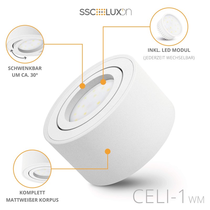 Celi-1 Surface-Mounted Spotlights in Aluminium, White / Black, with LED