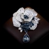 Luxury Crystal Rose Flower Brooch Pin with Teardrop Pendant, Silver