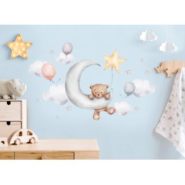 Little Deco DL871-5 Wall Sticker Bear Moon Balloons Wall Sticker Animals Teddy Bear Children's Room Wall Sticker for Baby Room Bedroom Decoration