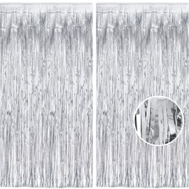 Glitter Silver Metallic Tinsel Foil Fringe Curtains, BRAVESHINE Sparkle Metallic Photo Booth Background Tinsel Door Curtains for Christmas, Birthday Party, Wedding, Disco Decoration (Pack of 2, 1 x