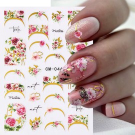 KTAABTR 5 Sheets Flower Leaves Nail Stickers, Gold French Stripes Nail Decals, 3D Self-Adhesive Nail Art Stickers for Women Girls DIY Red Purple Pink Floral Nail Decoration Supplies